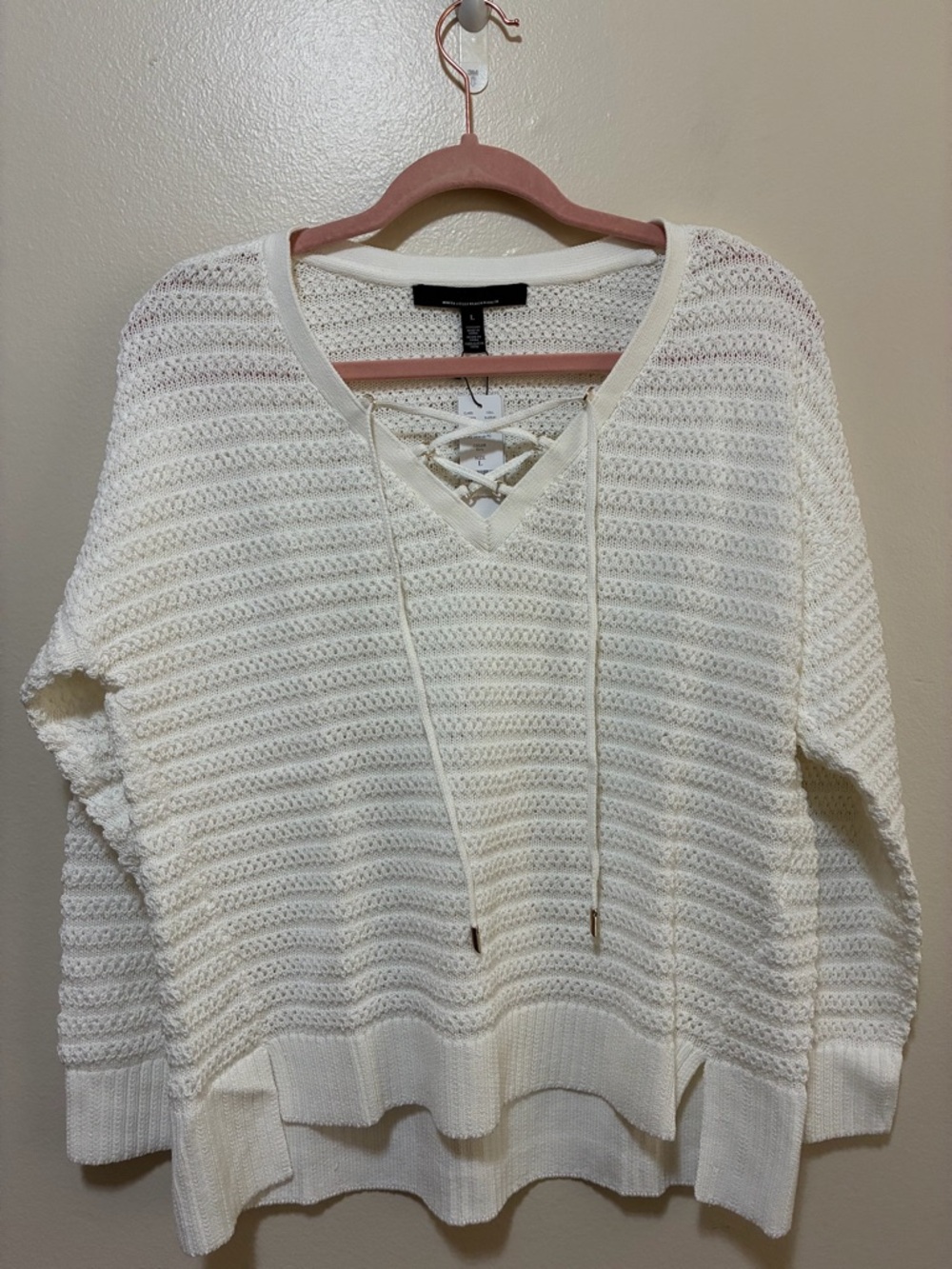 WHBM Lace-Up V-Neck Cotton Open Knit Sweater - White size large